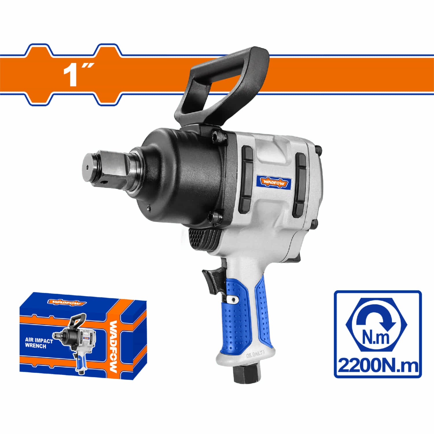 Llave de impacto neumática sin conector rápido 25mm (1") Veloc sin carga 4600rpm Torque Max 2200Nm Doble martillo. Pistola