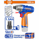 Llave impacto dado hexagonal 1/4" 12V Motor sin escobillas. 100Nm. Velocidad sin carga 0-2000rpm. Incluye Batería 1.5Ah USB-C y accesorios. Cargador por separado.