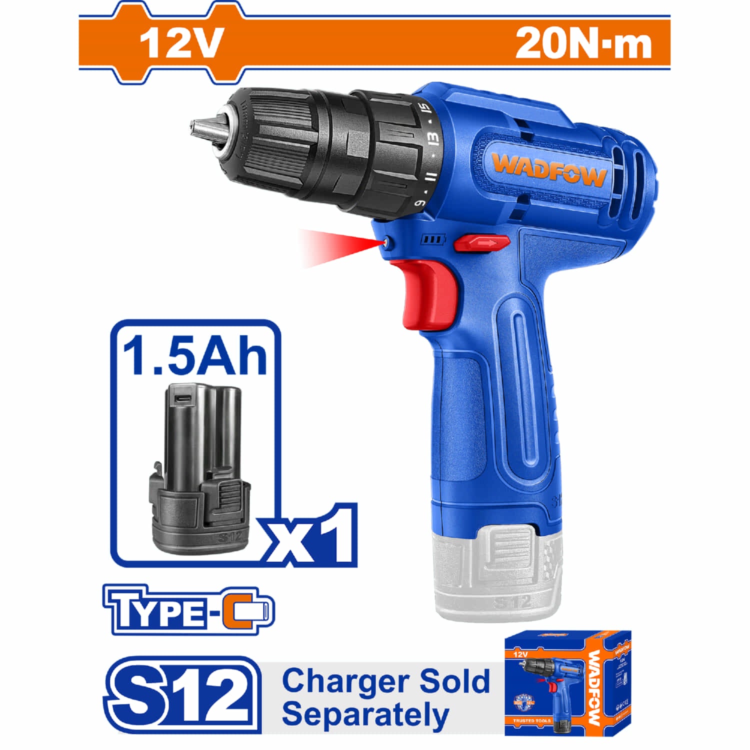Taladro Inalámbrico 12V 3/8" 0.8-10mm 20Nm 0-750rpm Conexión USB-C Incluye batería. Cargador por separado.