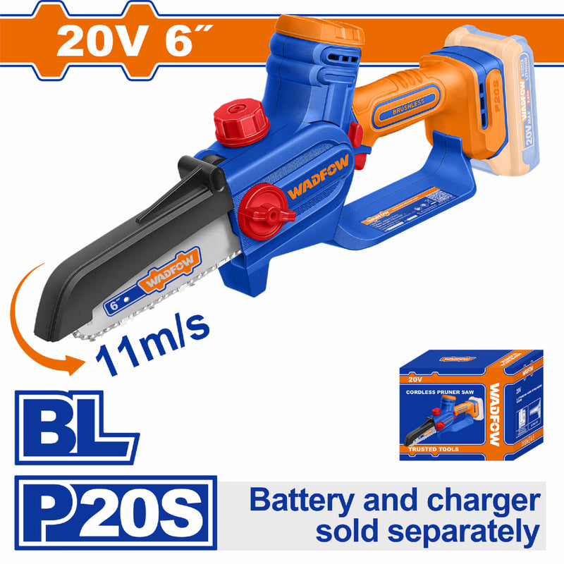 Sierra Podadora Inalámbrica 20V 6" Velocidad de cadena 11m/s. No incluye Batería ni Cargador. Motosierra mini