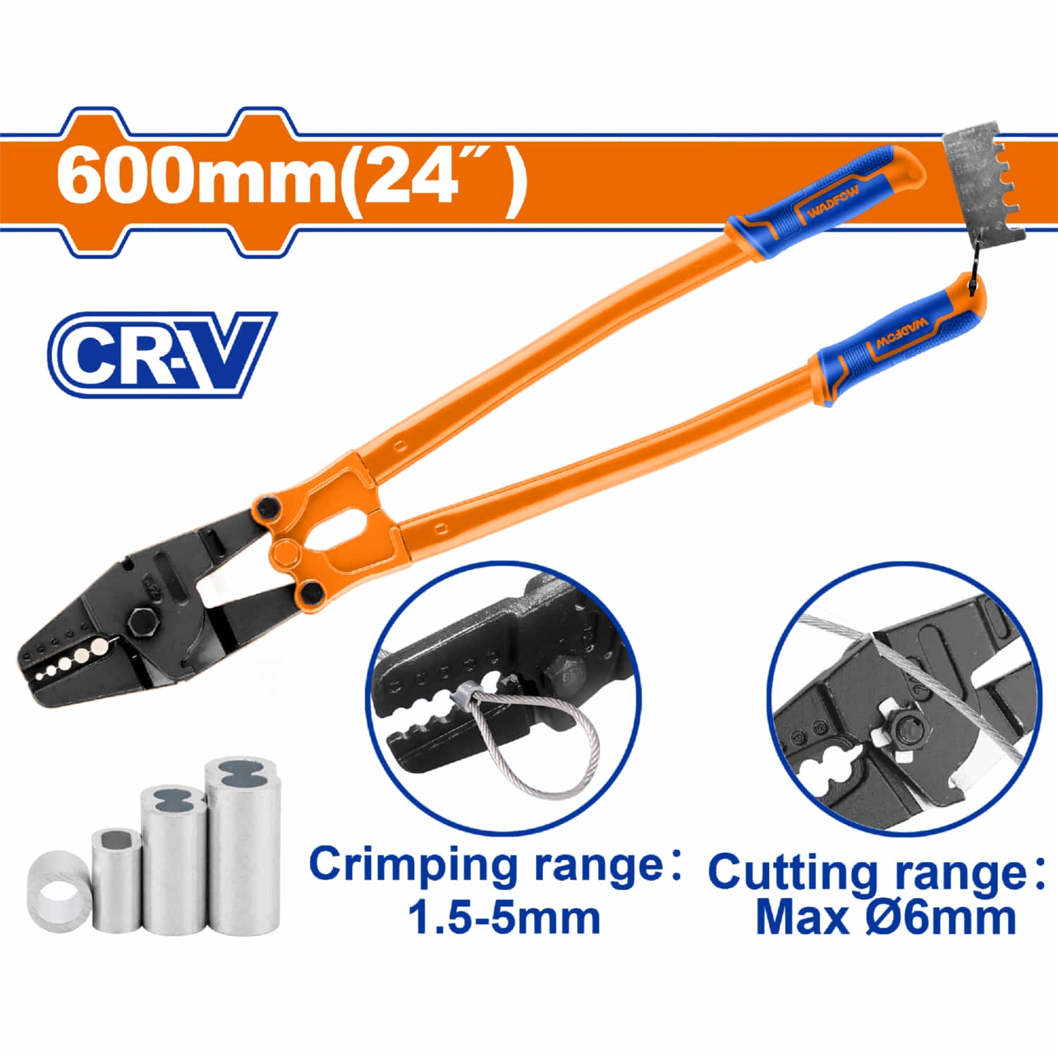 Alicate para crimpar cables de acero 24" (600mm) CR-V Rango 1.5-3.5m Corte φ6 mm Tratamiento térmico. Pinza