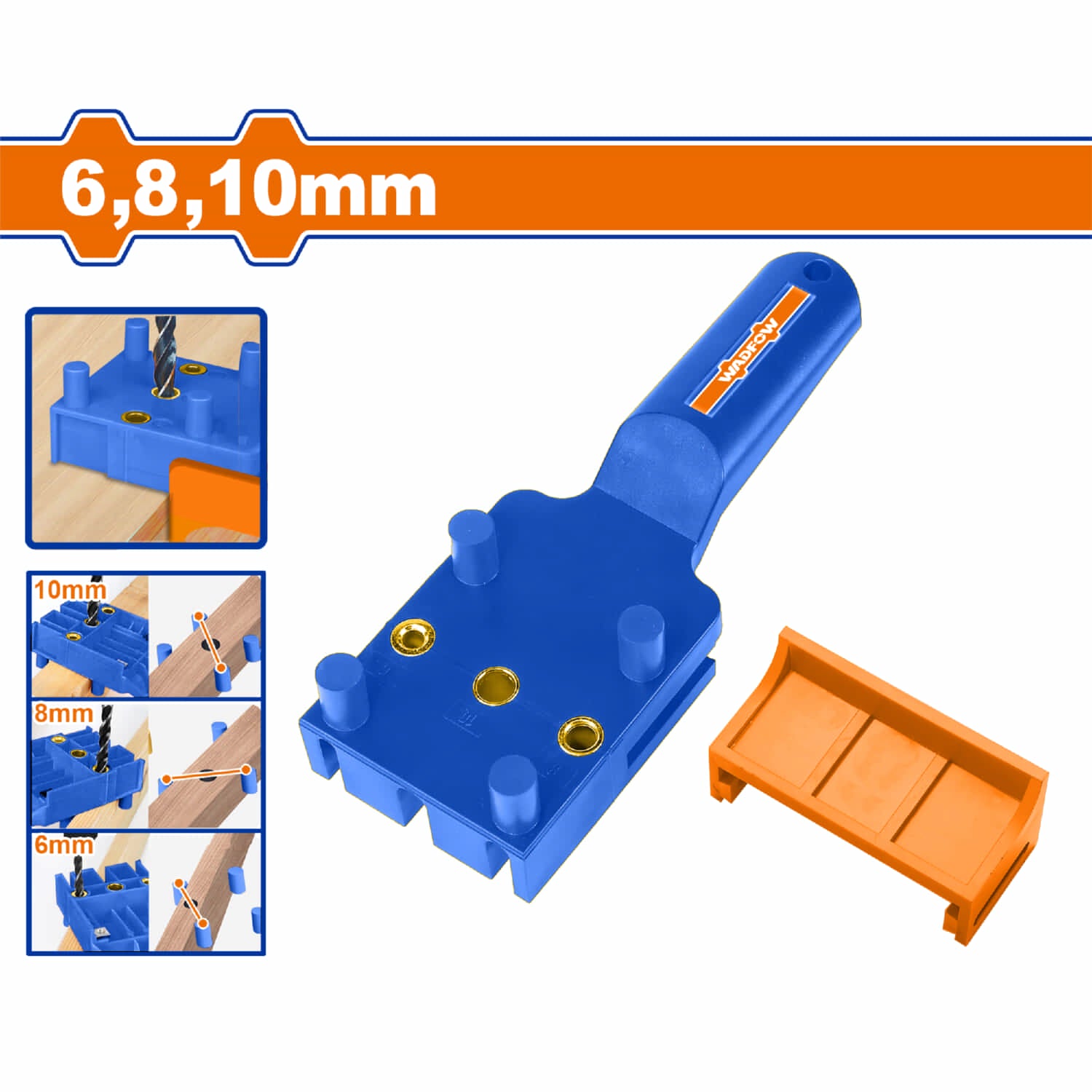 Guía plantilla para perforaciones en madera. Hace agujeros de 6/8/10mm. Compatible con madera 12-26mm.