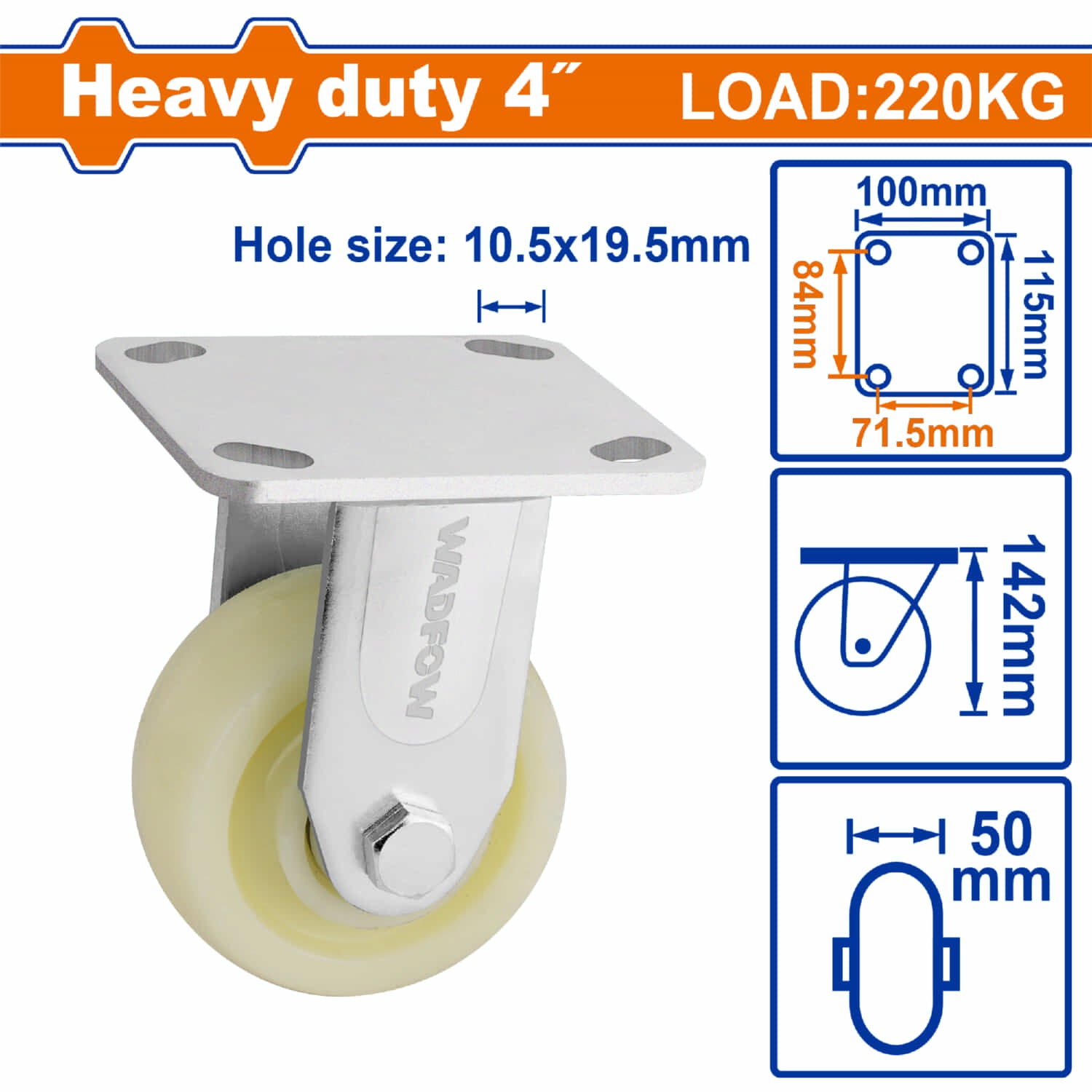 Rueda rígida 4" Serie trabajo pesado Carga 220Kg Plástico blanco. Rodachin