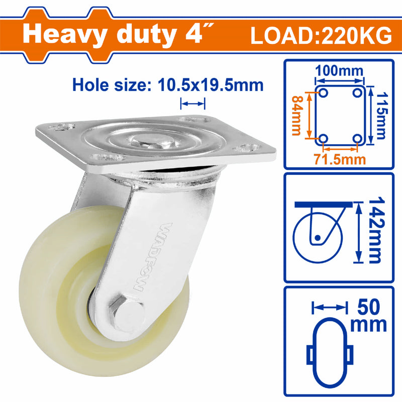 Rueda giratoria 4" Serie trabajo pesado Carga 220Kg Plástico blanco. Rodachin