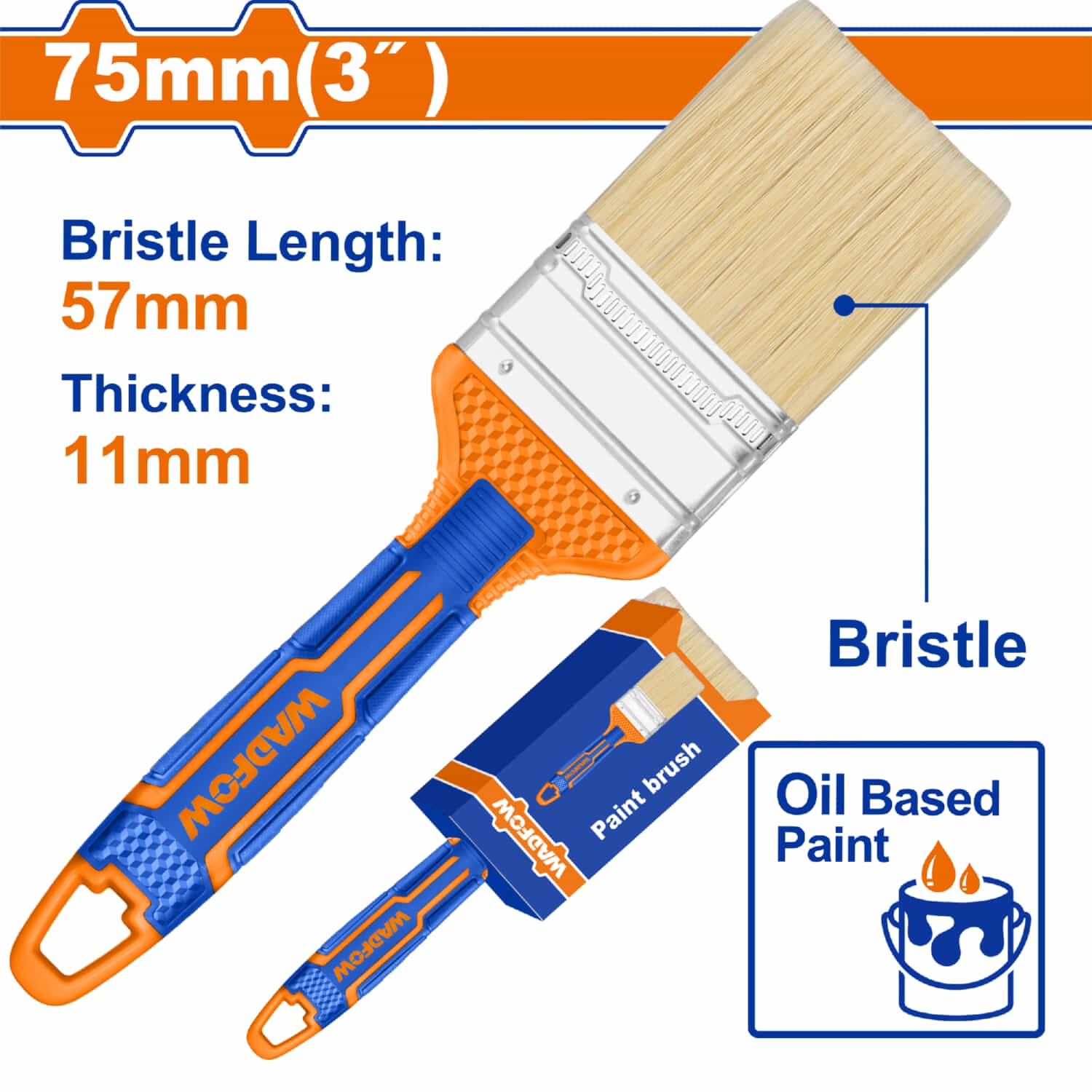 Pincel para pintar 75mm (3") Cerdas alta calidad. Para pintura al óleo. Long: 57mm. Grosor: 11mm. Brocha