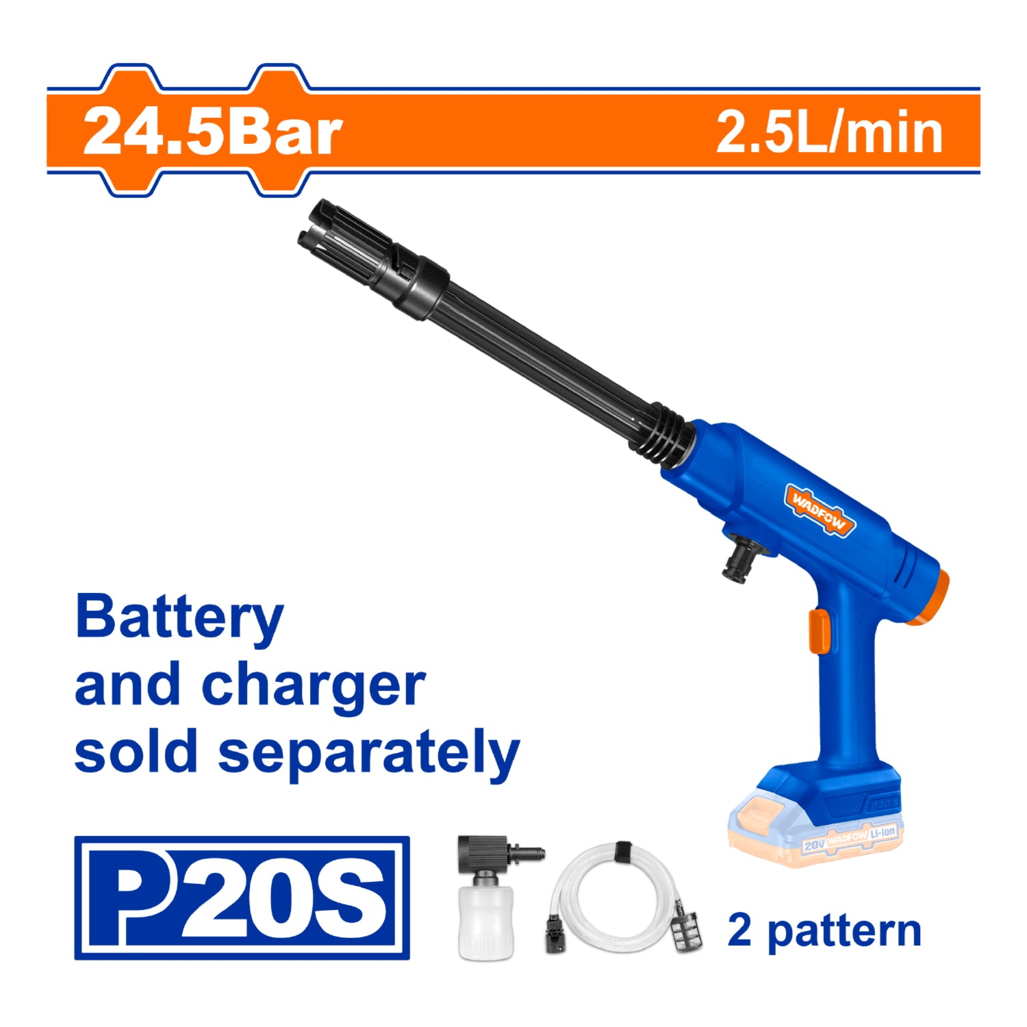 Hidrolavadora Inalámbrica 20V 2.5L Portátil. Presión 24.5 Bar. Batería y cargador por separado.