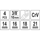 Llave Socket Para Bujías Giratorias. Juego 4 Pzas 14- 16- 18- 21Mm