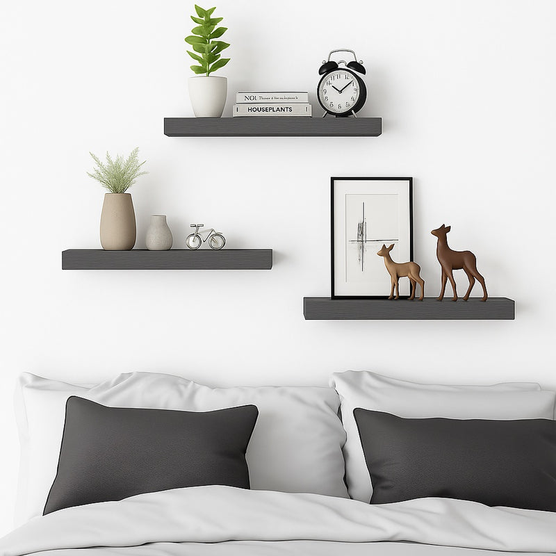 Repisas De Pared Flotantes (Set De 3 Piezas). Tablillas Grises 6.7x1.1x16” Estanterías