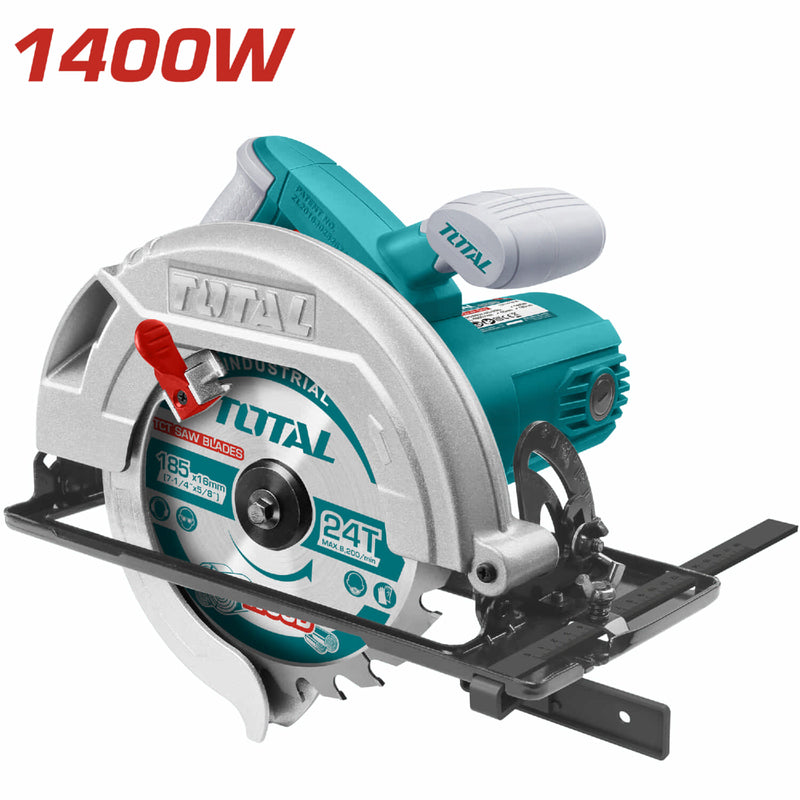 Sierra circular 1400W. Diam. disco185mm. 4800rpm capac. corte 45° 44mm y 90° 65mm.