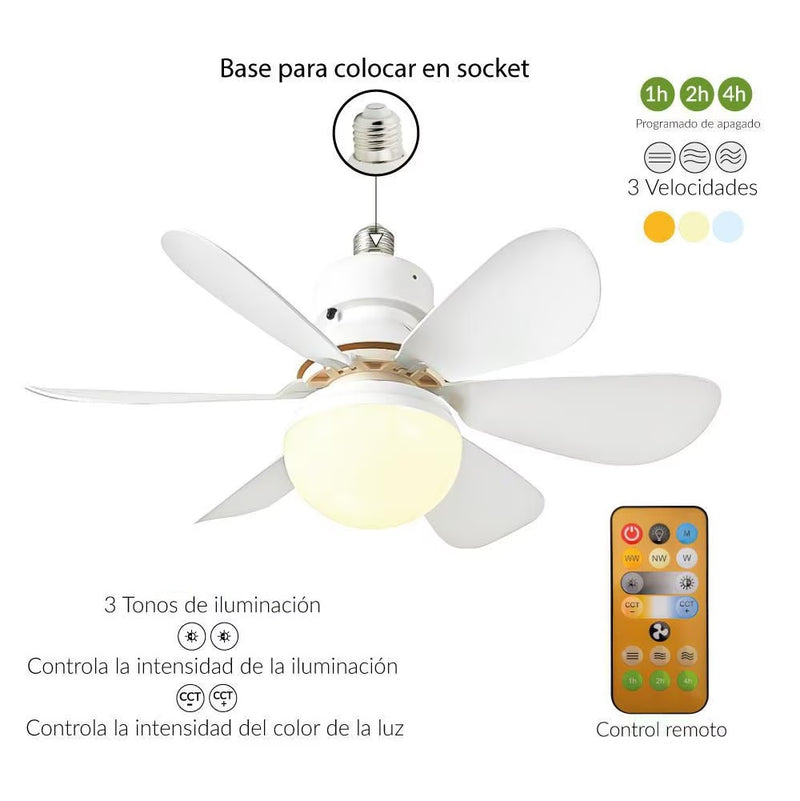 Abanico de techo ventilador, base E27 40W, color blanco, 6 aspas CCT. 520x185mm diseño funcional y versátil.