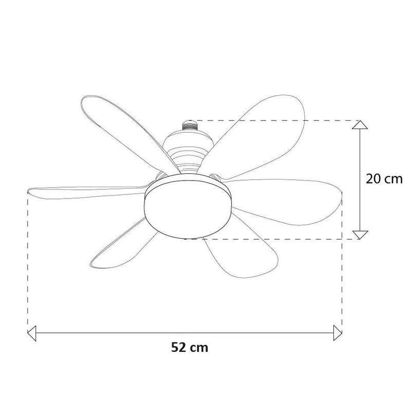 Abanico de techo ventilador, base E27 40W, color blanco, 6 aspas CCT. 520x185mm diseño funcional y versátil.