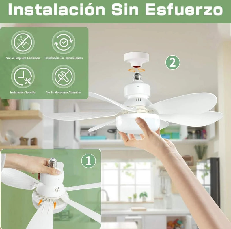 Abanico de techo ventilador, base E27 40W, color blanco, 6 aspas CCT. 520x185mm diseño funcional y versátil.