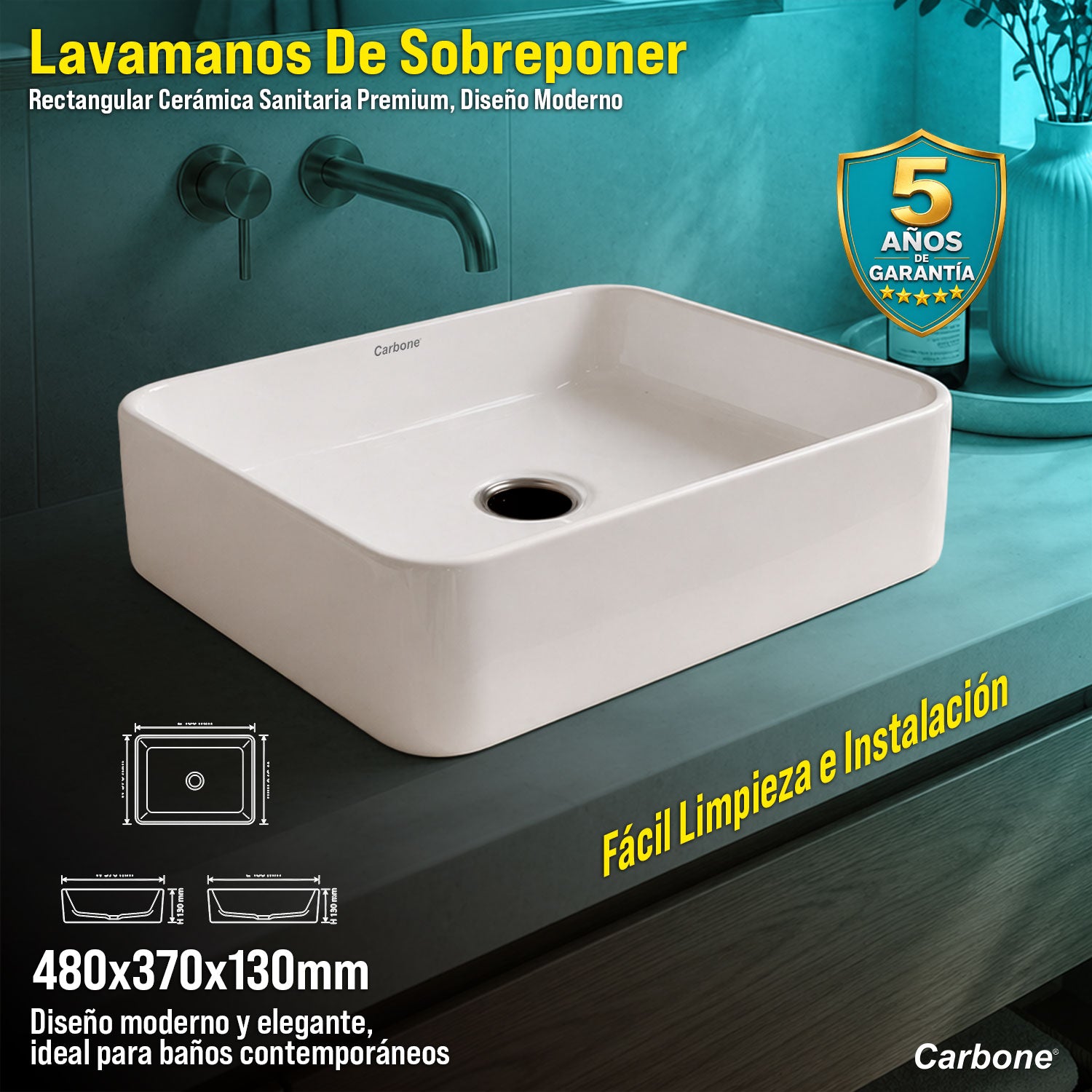 Lavamanos de Sobreponer Rectangular 48x37x13 cm Cerámica Sanitaria Premium, Diseño Moderno