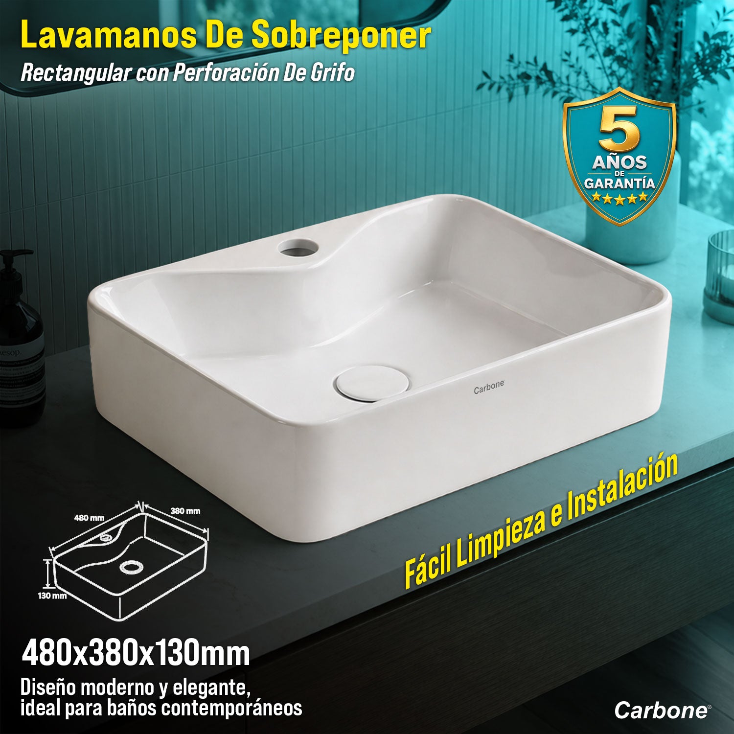 Lavamanos de Sobreponer con perforación de grifo Rectangular 48x38x13 cm Cerámica Sanitaria Premium, Diseño Moderno