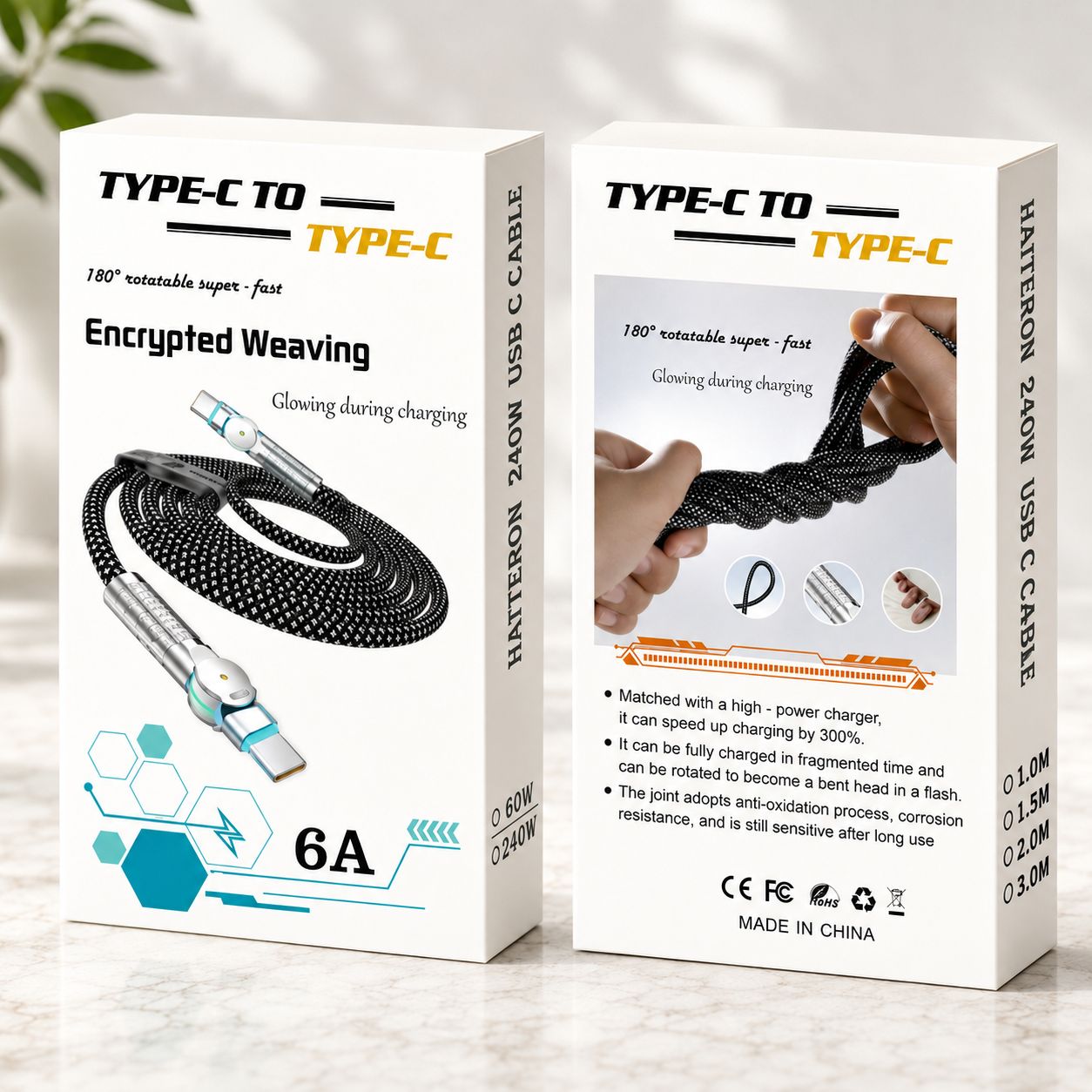 Cable USB-C a USB-C Giratorio 180° PD 240W. Trenzado Reforzado. Carga Rápida (3 Metros). Color negro.