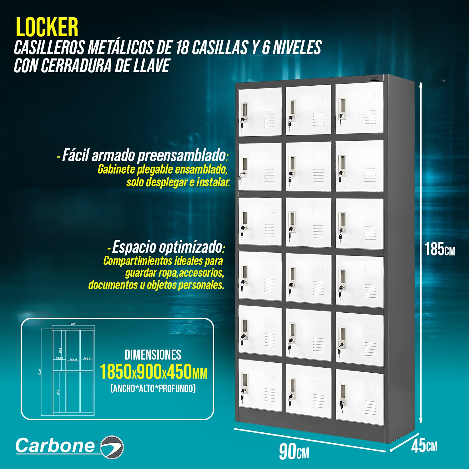 Locker Casilleros metálicos de 18 casillas 6 niveles con cerradura de llave 1850x900x450mm