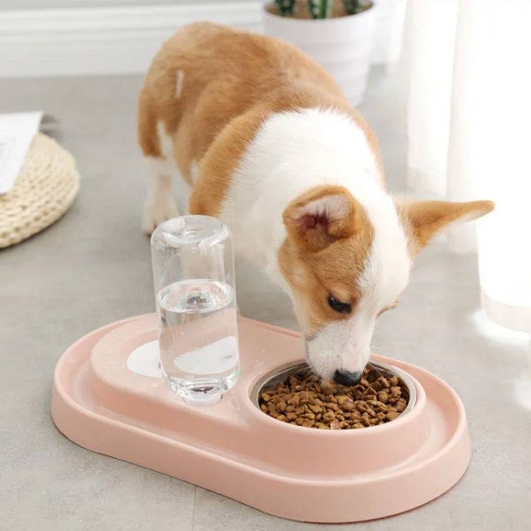 Tazán Doble De Agua Y Alimento Para Mascotas Con Base Y Soporte De Plástico. Color Rosado