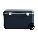 Hielera portátil rígida 70L azul con ruedas. Cooler grande 74x44x42cm para camping, playa y picnic.
