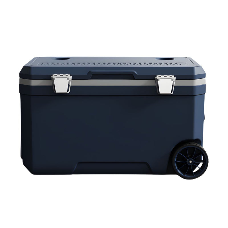 Hielera portátil rígida 70L azul con ruedas. Cooler grande 74x44x42cm para camping, playa y picnic.
