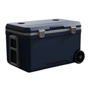 Hielera portátil rígida 70L azul con ruedas. Cooler grande 74x44x42cm para camping, playa y picnic.