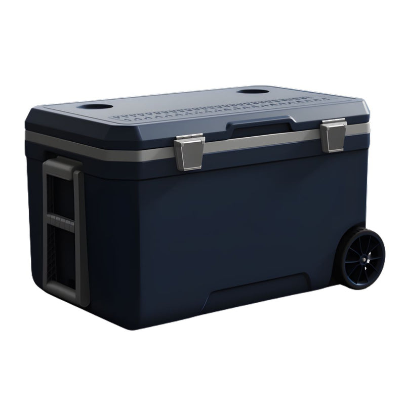 Hielera portátil rígida 70L azul con ruedas. Cooler grande 74x44x42cm para camping, playa y picnic.