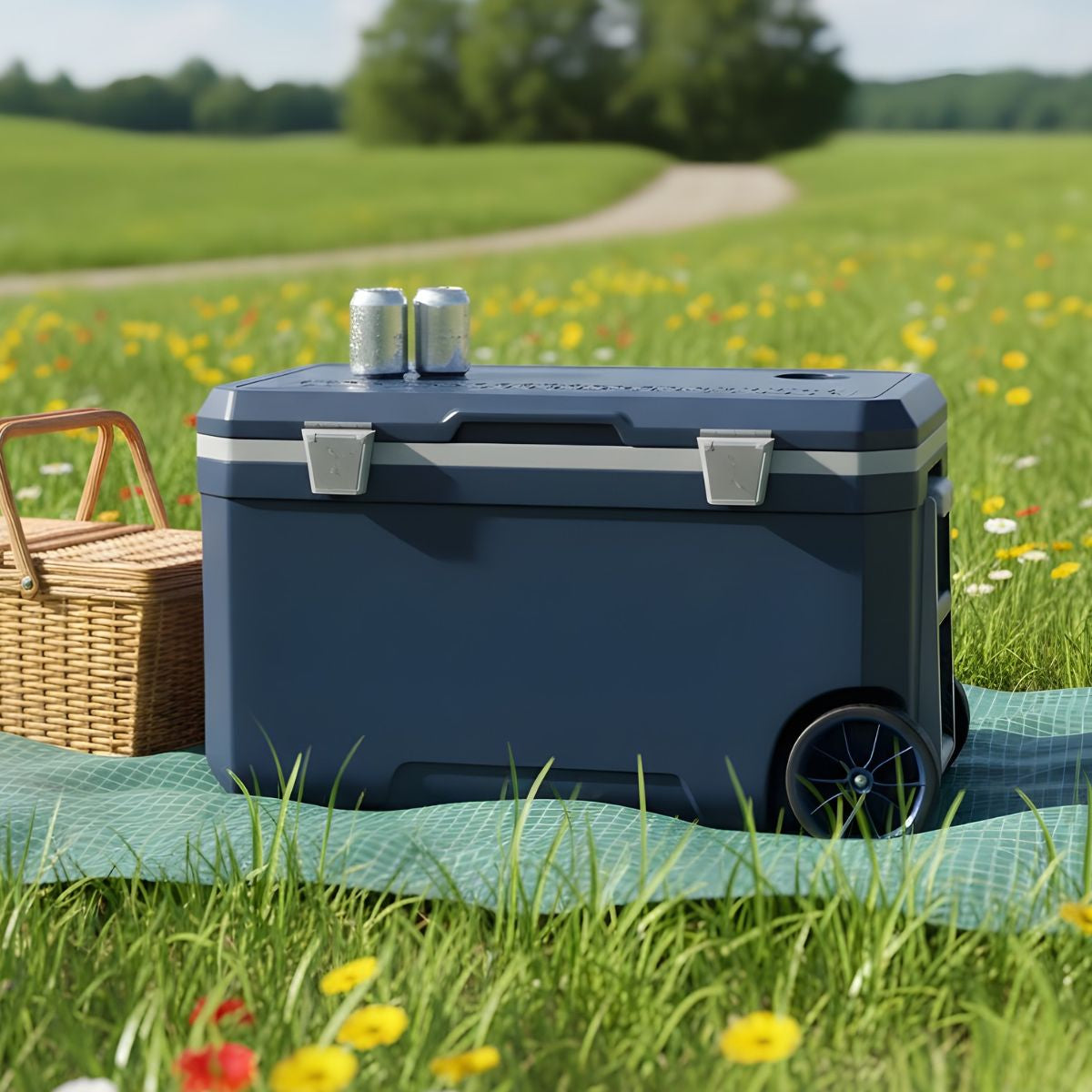 Hielera portátil rígida 70L azul con ruedas. Cooler grande 74x44x42cm para camping, playa y picnic.