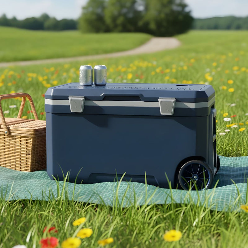 Hielera portátil rígida 70L azul con ruedas. Cooler grande 74x44x42cm para camping, playa y picnic.