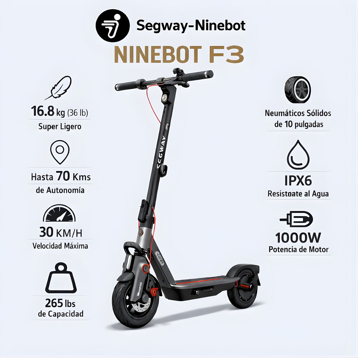 Scooter Segway Ninebot F3 eKickScooter Monopatín. Autonomía de hasta 70 Km.