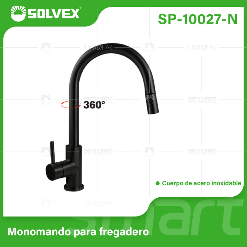 Grifo de fregador de Acero Inoxidable. Pluma Llave Mezcladora para Cocina con Manguera Extensible de 1.5 m. Color negro.