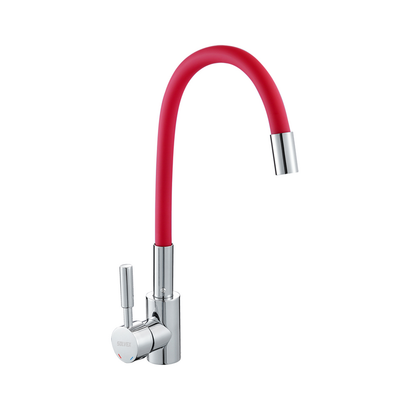 Grifo de fregador. Color rojo. Acero Inoxidable. Pluma Llave Mezcladora para Cocina. Cuello Flexible Universal.