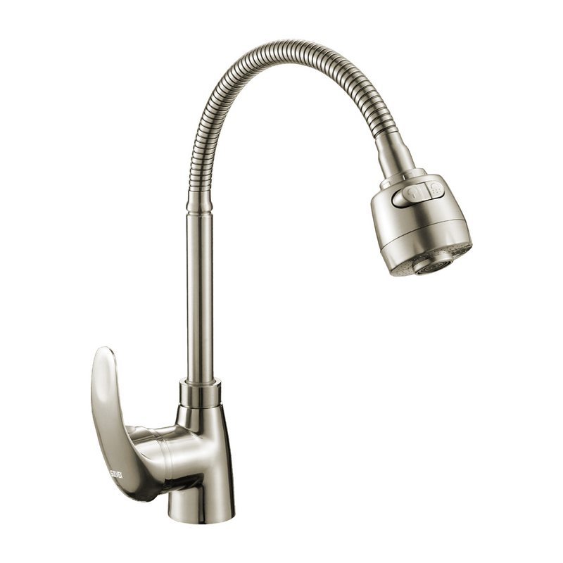 Grifo de cocina para fregador de zinc cromado. Pluma llave monomando de cuello flexible y doble función riego o chorro.