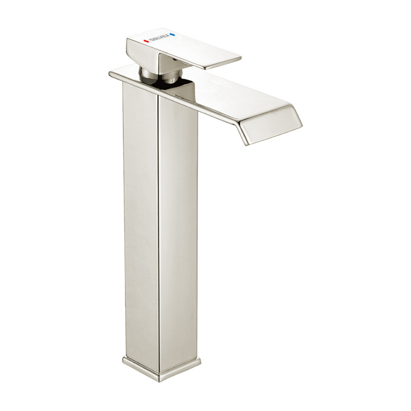 Llave de Lavamanos Individual Alta. Acabado satinado. Grifo para Lavabo. Pluma Agua Fría y Caliente.