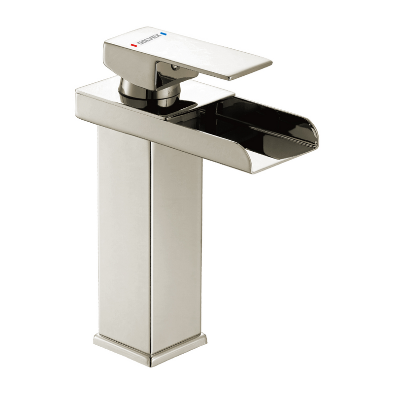 Llave de Lavamanos Individual. Acabado satinado. Grifo para Lavabo. Pluma Agua Fría y Caliente Tipo Cascada.