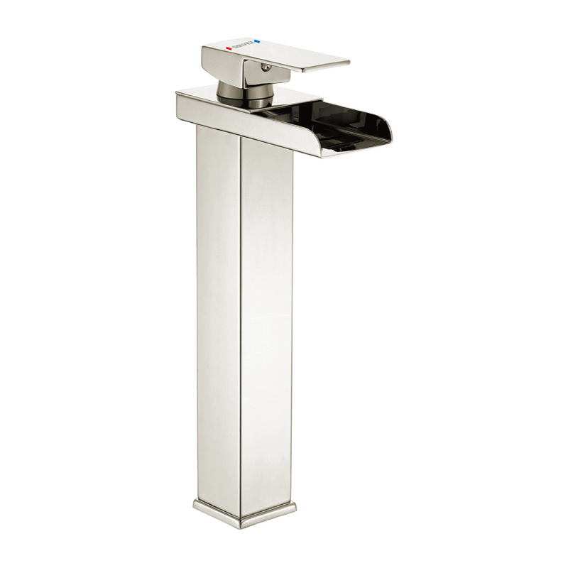 Llave de Lavamanos Individual Alta. Acabado satinado. Grifo para Lavabo. Pluma Agua Fría y Caliente.