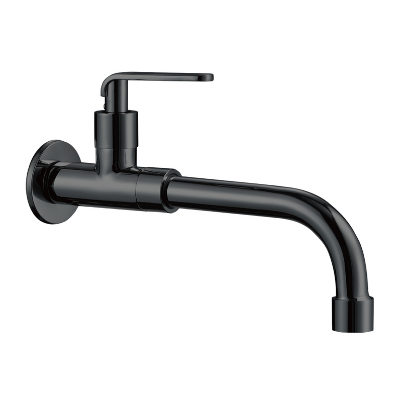 Llave de agua. Color negro. Pluma Grifo de pared largo para lavandería con válvula de agua y tapa de acero inoxidable.
