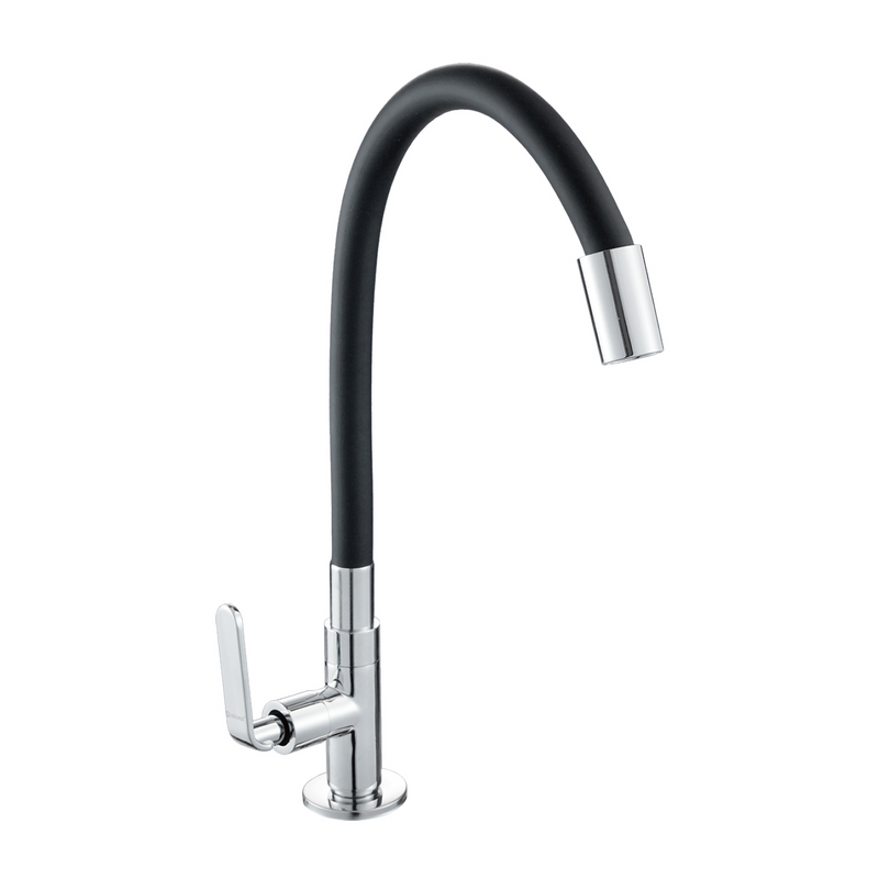 Llave individual para fregador de latón cromado. Grifo de cocina con cuello flexible de goma negra.