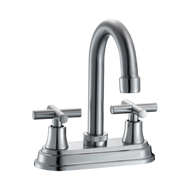 Llave Mezcladora 4" Para Lavamanos Con Cubierta y Manerales Tipo Cruz. Pluma Giratoria con Acabado satinado.