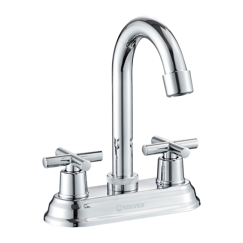 Llave Mezcladora 4" Para Lavamanos Con Cubierta y Manerales Tipo Cruz. Pluma Giratoria Con Modo Frío y Caliente.