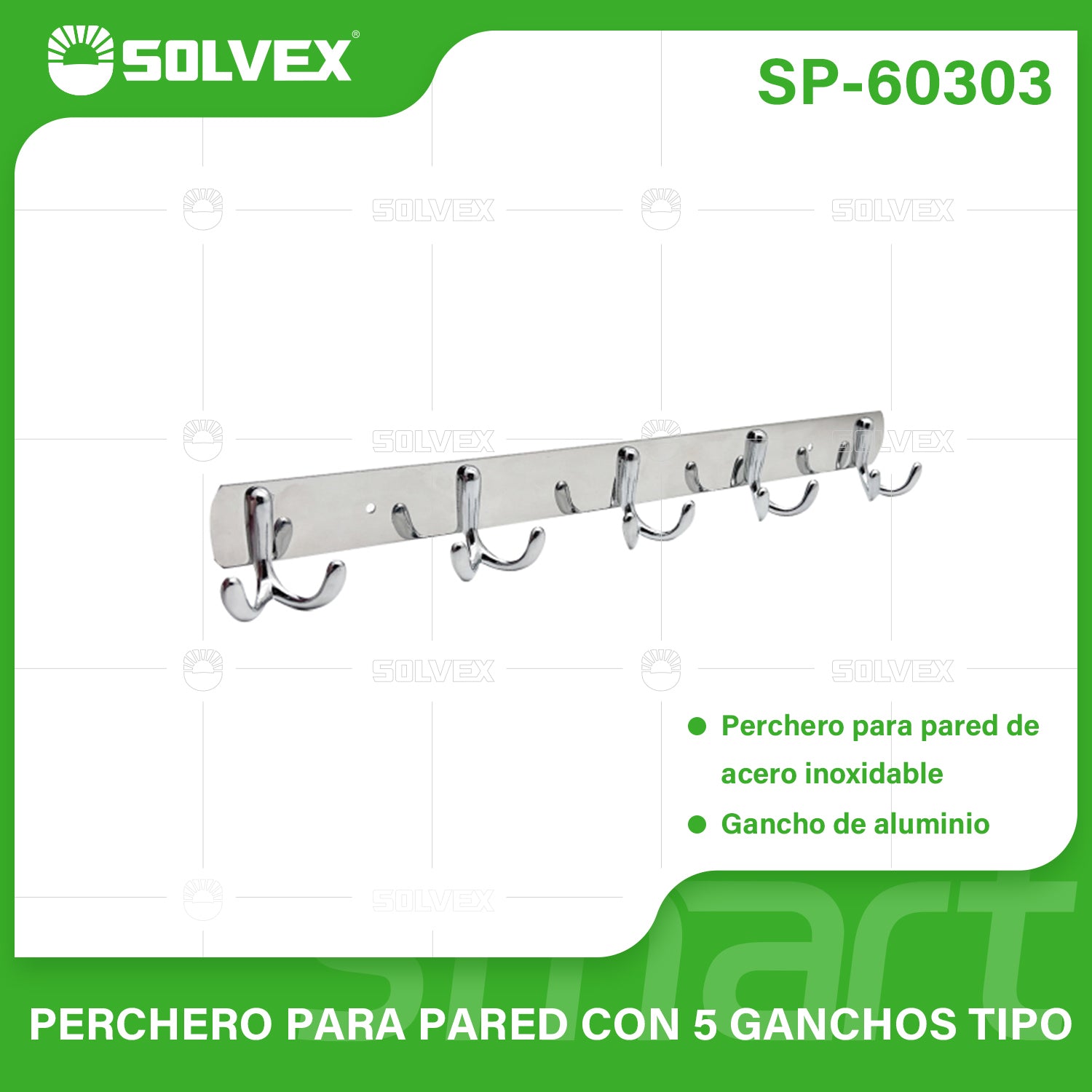 Perchero de Pared con 5 Ganchos. Acero Inoxidable y Aluminio con Acabado Cromado. Ideal para toallas o ropa.