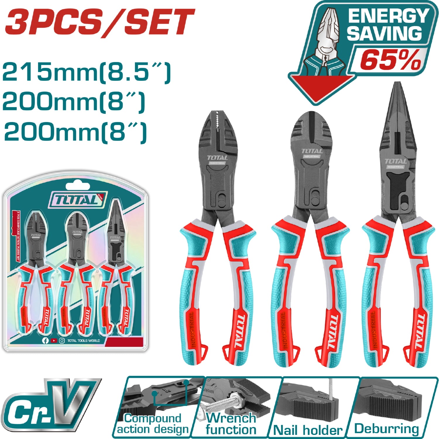 Alicates de Combinacion de 8", de Punta larga de 8.5", de corte diagonal de 8". Se vende en set. Salva 65% de fuerza