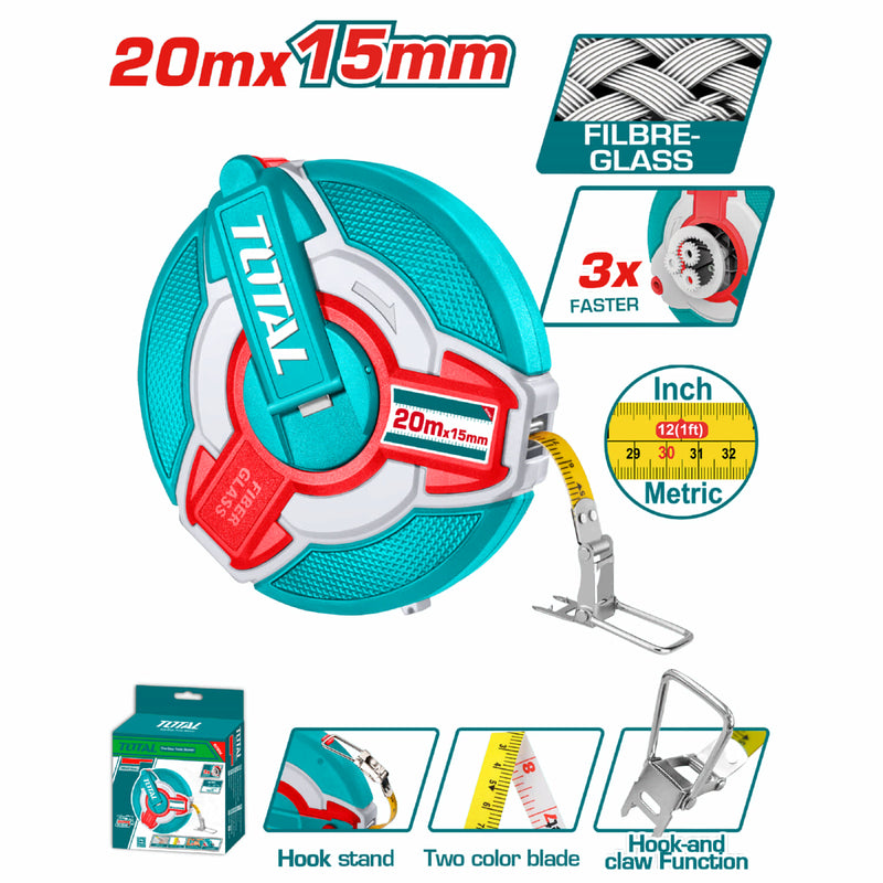 Cinta Métrica de Fibra de Vidrio 20mx15mm Mango integrado. Métrico y pulgadas.