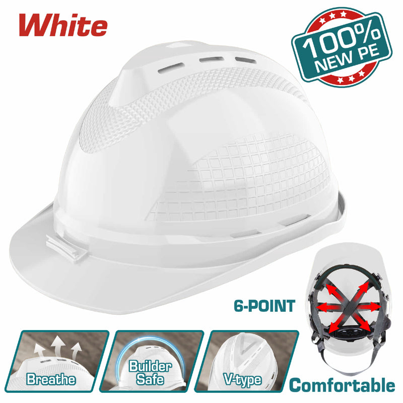 Casco De Seguridad Color Blanco. 6 Puntos De Suspensión. Ajustable Con Perilla. Carcasa De PE Con Respiraderos.