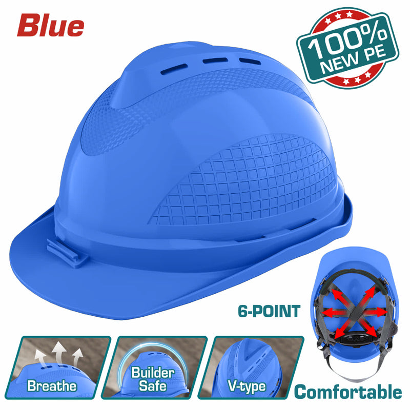 Casco De Seguridad Color Azul. 6 Puntos De Suspensión. Ajustable Con Perilla. Carcasa De PE Con Respiraderos.