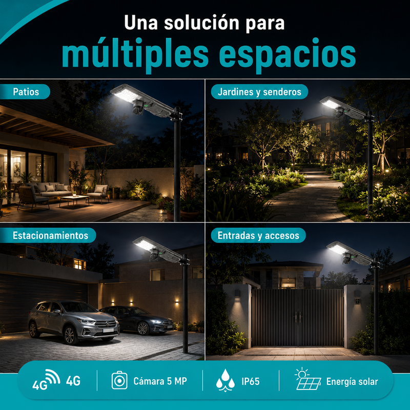 Lámpara Solar LED Exterior de 500W Con Cámara 4G 5MP Monitoreo 24H Control Remoto, Sensor y Radar IP65 . Autonomía 5 días. Cobertura 350m² (No incluye Micro SD)