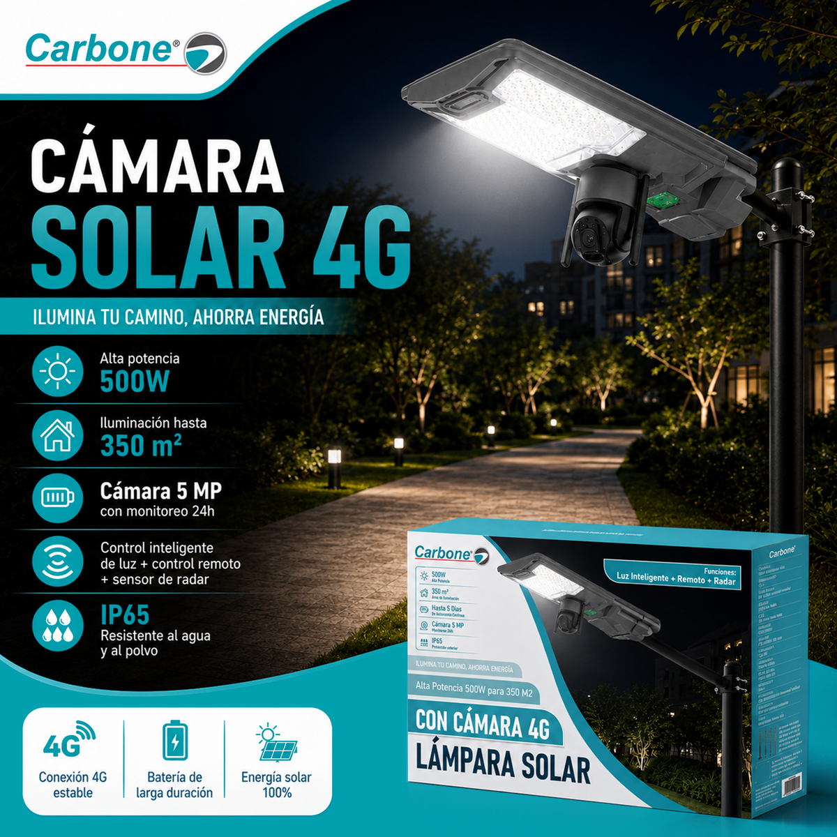 Lámpara Solar LED Exterior de 500W Con Cámara 4G 5MP Monitoreo 24H Control Remoto, Sensor y Radar IP65 . Autonomía 5 días. Cobertura 350m² (No incluye Micro SD)