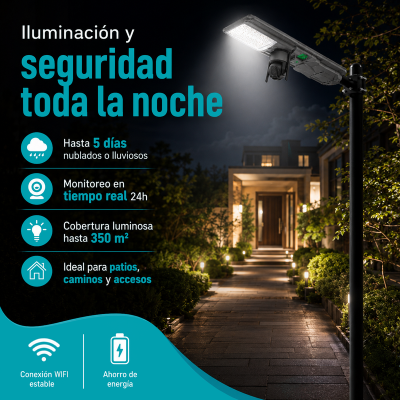 Lámpara Solar LED Exterior de 500W Con Cámara WiFi 5MP Monitoreo 24H, Control Remoto, Sensory Radar IP65 . Autonomía 5 días. Cobertura 350m² (No incluye Micro SD).