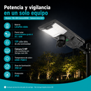 Lámpara Solar LED Exterior de 500W Con Cámara WiFi 5MP Monitoreo 24H, Control Remoto, Sensory Radar IP65 . Autonomía 5 días. Cobertura 350m² (No incluye Micro SD).