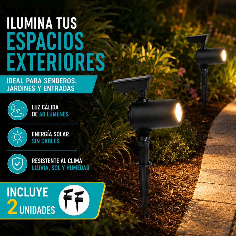 Lámparas solares LED para exterior 60 Lúmenes 34cm. Luz Cálida con panel solar Para Jardín o Patio. Set de 2 unidades.