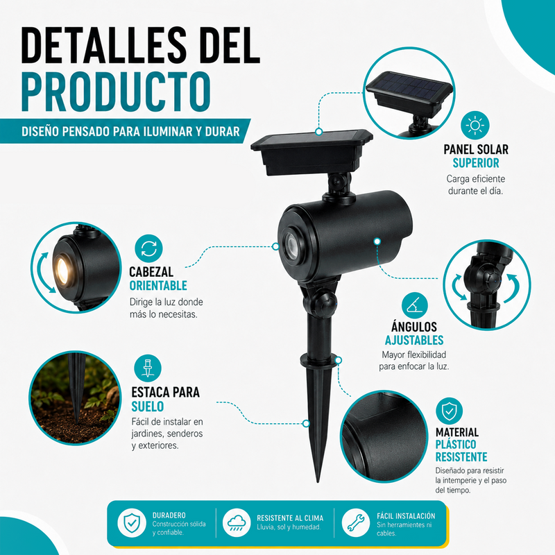Lámparas solares LED para exterior 60 Lúmenes 34cm. Luz Cálida con panel solar Para Jardín o Patio. Set de 2 unidades.