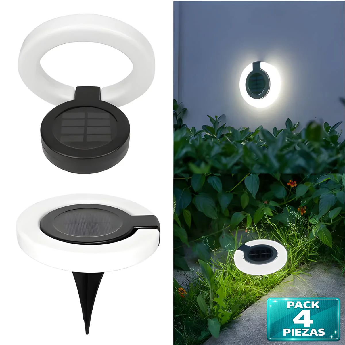 Lampara Solar LED Circular para jardín o exteriores. Luz blanca. Foco con panel solar para piso o caminos. (Pack de 4).